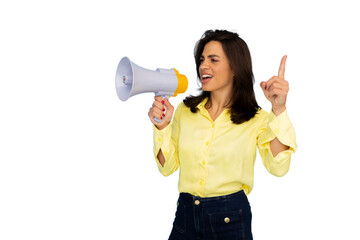 Young woman holding megaphone and pointing finger up giving instructions on transparent background