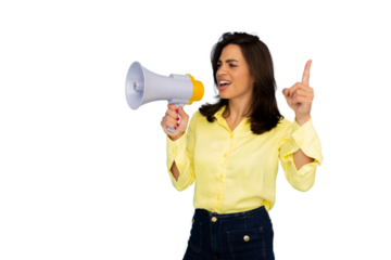 Young woman holding megaphone and pointing finger up giving instructions on transparent background