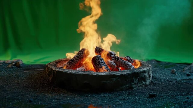 Crackling Campfire Scene Set Against a Vibrant Green Screen Backdrop Setting