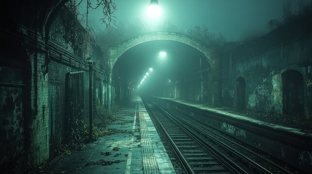 Abandoned railway station night fog