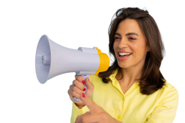 Smiling woman holding megaphone and pointing forward, making an announcement on a transparent background