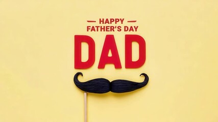 Happy Father's Day greeting with large red DAD letters and black mustache on a stick against yellow background for festive cards, posters, banners, and celebration materials - Powered by Adobe