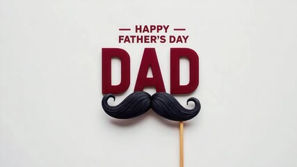Happy Father's Day greeting with bold red DAD text and black mustache on stick over white background for festive cards, posters, banners, and celebration decorations - Powered by Adobe