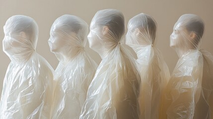 Human silhouettes enclosed in large transparent inflated plastic bags, plastic free bag day concept
