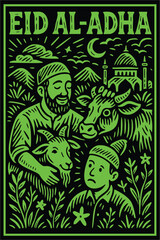Hand-Drawn Eid al-Adha Illustration in Linocut Style