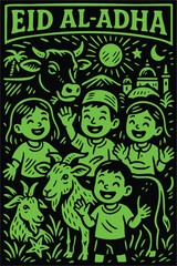 Hand-Drawn Eid al-Adha Illustration in Linocut Style