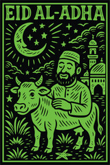 Hand-Drawn Eid al-Adha Illustration in Linocut Style