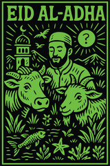 Hand-Drawn Eid al-Adha Illustration in Linocut Style
