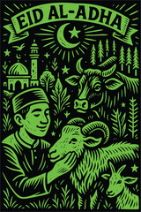 Hand-Drawn Eid al-Adha Illustration in Linocut Style