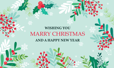 Christmas and Holiday Card Background with Branches, Berries, and Snowflakes illustration | Adobe Stock