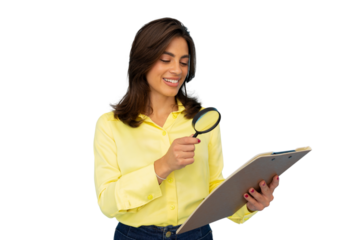 Auditor woman with a yellow shirt is smiling while inspecting documents with a magnifying glass on a transparent background