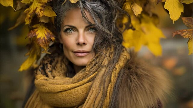 Attractive woman with graying hair poses amid autumn foliage with a warm scarf, exhibiting natural beauty, and warm earthy tones.