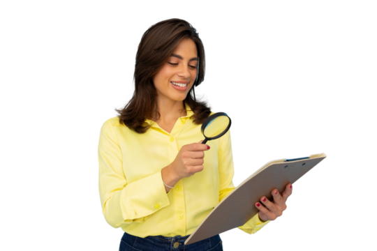 Auditor woman with a yellow shirt is smiling while inspecting documents with a magnifying glass on a transparent background - Powered by Adobe
