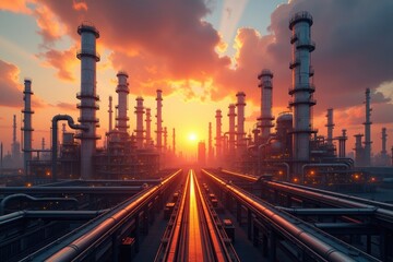 Industrial Sunset Refinery Landscape Energy Production Chemical Plant