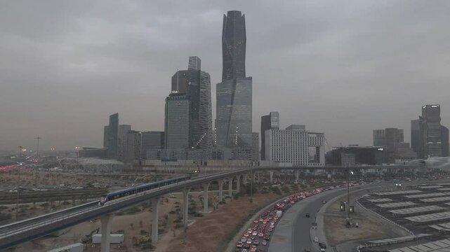 
Aerial drone footage showcasing the modern skyline of Riyadh, Saudi Arabia, featuring the King Abdullah Financial District (KAFD), high-rise towers, highways, and urban infrastructure under clear ski