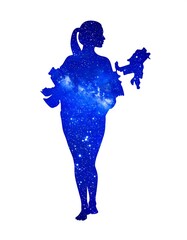 Obraz premium A serene silhouette of a woman cradling her baby in one arm, gazing up at a starry night sky, evoking feelings of wonder and maternal love.
