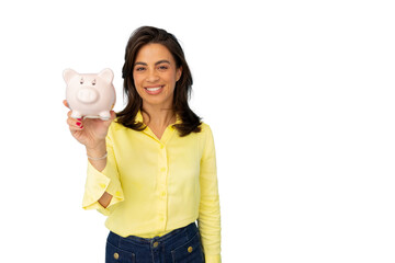 Smiling professional woman holding piggy bank, representing financial growth, savings strategy, and fiscal responsibility against clean white backdrop