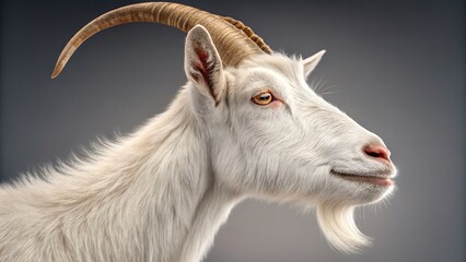 Fototapeta premium A detailed portrait of a serene white goat, capturing its elegant features and calm expression.