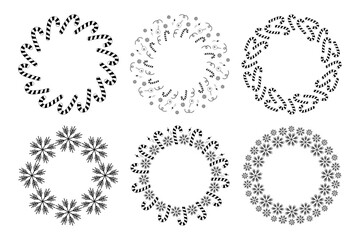 Christmas Circle Frame Border of Freehand Candy Cane Snowflakes and other Decorative elements Bundle