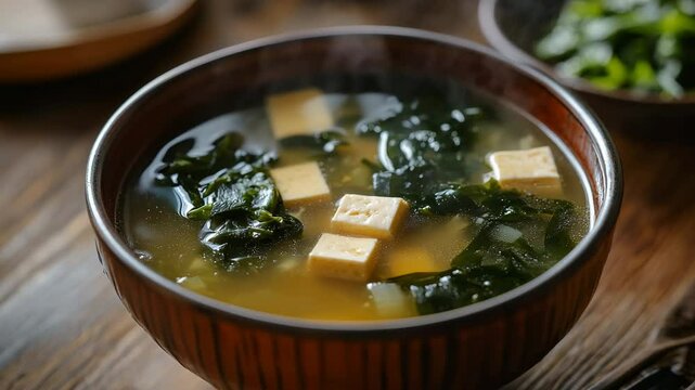 A bowl of warm miso soup with floating pieces of wakame