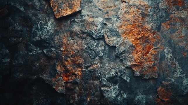 A close up view of a rugged rock face with orange and gray tones and rough texture details visible