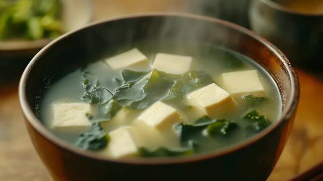 A bowl of warm miso soup with floating pieces of wakame