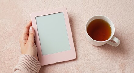 A hand holding a pink e reader next to a white mug filled with tea on a pink textured background