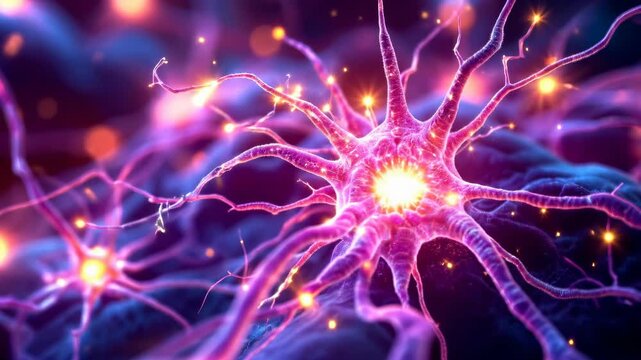 Stem cells regenerate brain neurons, weave through a brain, regenerating damaged neurons, sparking new connections in a glowing neural network.