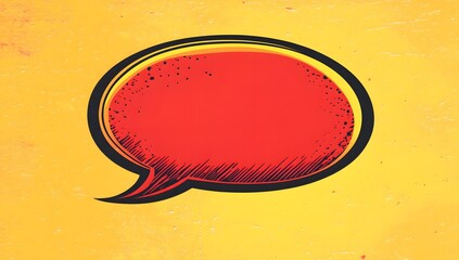 The comic book-style speech bubble is designed in the shape of an explosion, with red background and yellow borders. It features bright colors and simple lines, presenting dynamic effects through dots