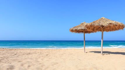 Straw Parasols on Quiet Tropical Beach with Azure Blue Sea View