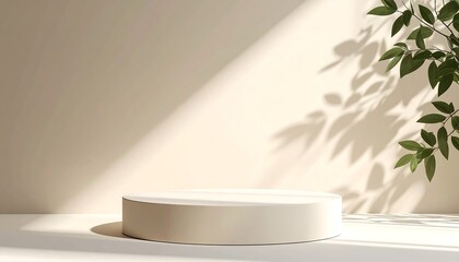 Beige podium with sunlight, and leaves.