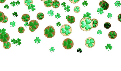 A 3D render features green clovers and gold coins falling down against transparent background, symbolizing luck and wealth commonly associated with St. Patrick's day festivities. Header, top border.