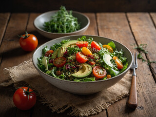 A vibrant vegan salad with quinoa avocado cherry tomatoes and mixed greens served in a ceramic bowl on a rustic wooden table under soft daylight from the window edge, this top-down