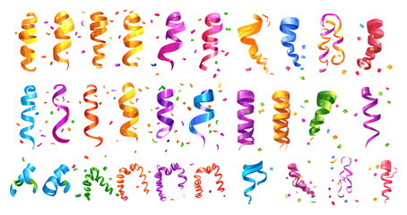 Obraz premium Cartoon falling confetti. Isolated serpentine colorful flying ribbons for birthday party carnival anniversary celebration fun festive decoration elements set vector illustration