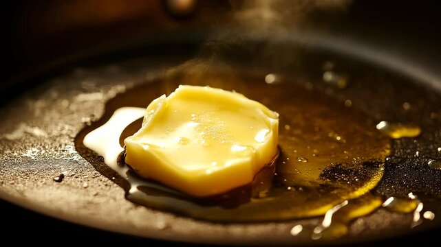 A close-up of margarine melting in a hot skillet