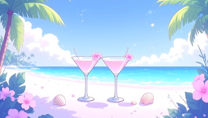 Enjoying Pink Drinks on a Tropical Beach with Palm Trees