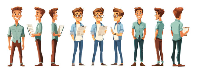 Job candidate character template. Cartoon man applicant with resume front side back view, hr search staff employee cv guy recruit recruiting recruitment set vector illustration
