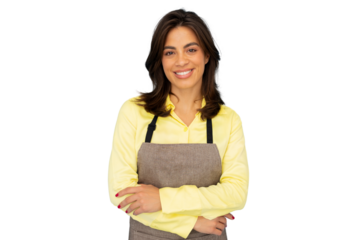 Confident waitress smiling with arms crossed, ready to assist customers in a restaurant setting, image with transparent background
