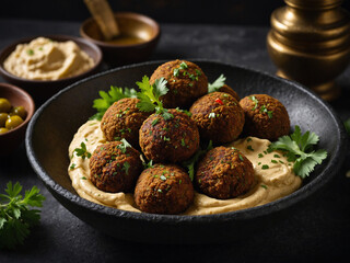Golden-brown falafel balls served on hummus with drizzled olive oil and herbs presented in a black stone dish with dramatic sidelight enhancing surface texture, the image uses a shallow