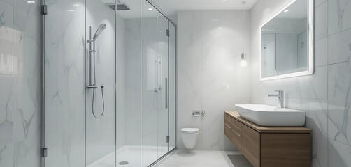 sometric view of compact bathroom interior with glass shower, vanity sink, and minimal design, white transparent background.