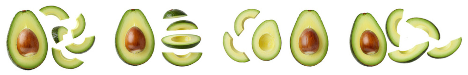 Fresh avocado fruit set with flying slices PNG, perfect for healthy food visuals and organic nutrition themes.
Sliced avocado fruit in motion isolated for clean eating graphics guacamole ingredients