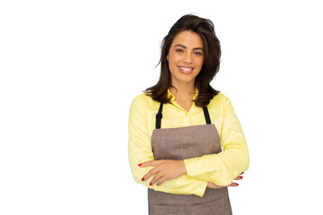 Professional baker wearing clean apron, standing confidently with crossed arms, smiling against transparent background