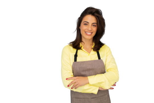 Professional baker wearing clean apron, standing confidently with crossed arms, smiling against transparent background