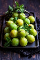 side view of sour green plums with dried peppermint on a black tray on dark wooden background