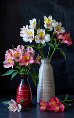 side view of white and pink color alstroemeria flowers in white and red vases on black background