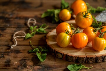 side view of yellow tomatoes on wooden background with copy space