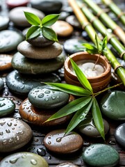 The River Stones spa treatment scene and bamboo leaves with raindrop zen like concepts