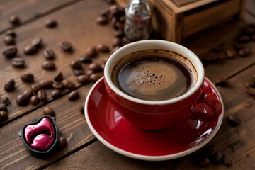 the red cup coffee love , coffee dark in wood dark table