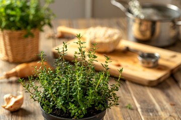 Thyme plant ready to be plucked in the kitchen. Copy space in the background