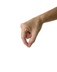 Woman hand form a gesture of reaching down to pinch something. Isolated on transparent background.
